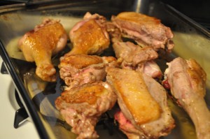 Duck parts browned in case iron