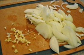 Chopped onions, shallots, and garlic